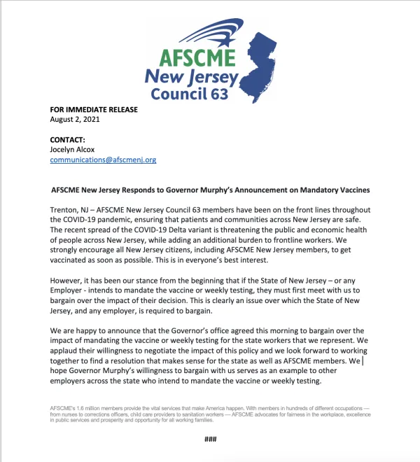 AFSCME Response to Mandatory Vaccines for State Workers